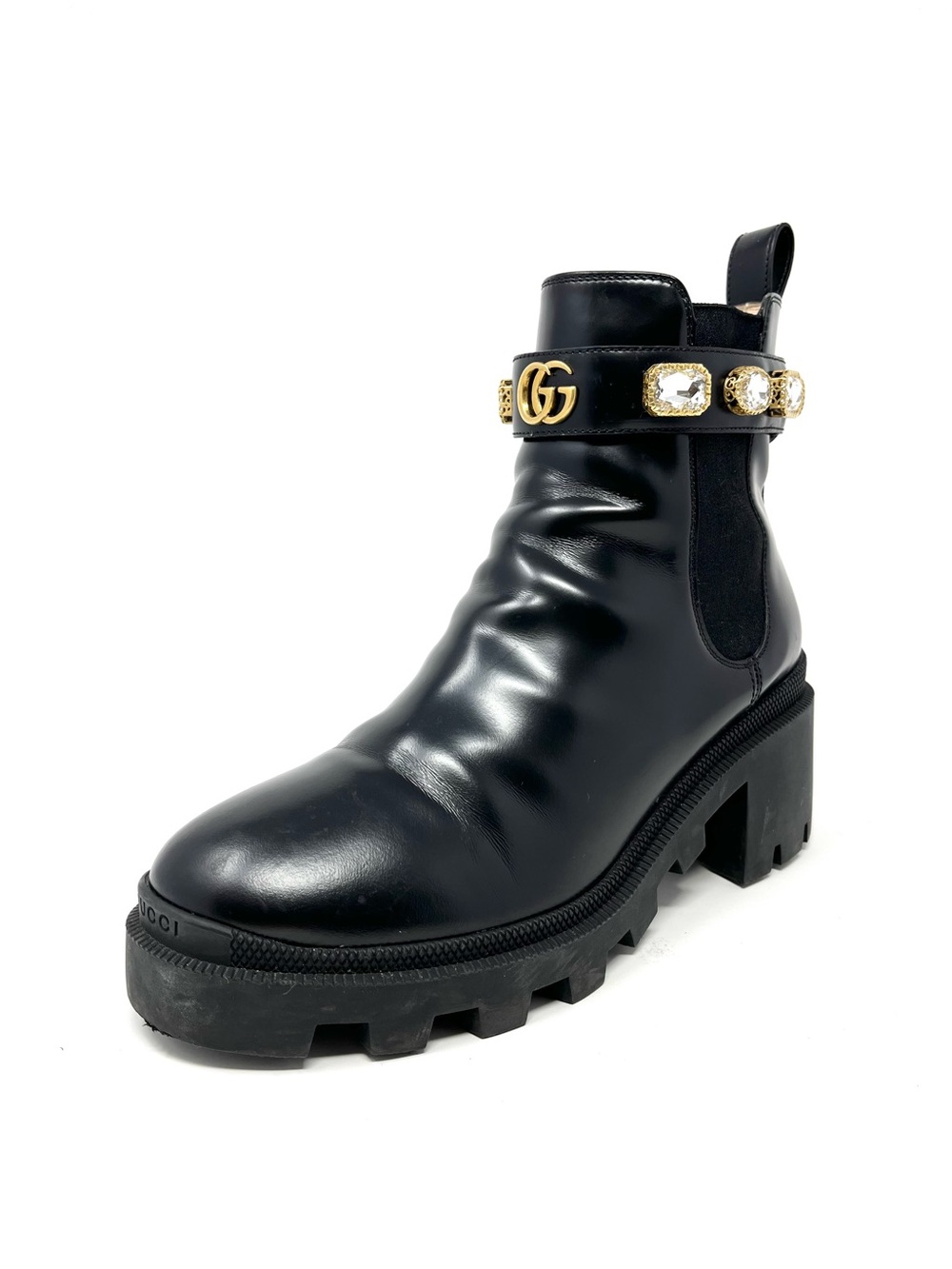 Gucci Trip Black Leather Chelsea Combat Platform Ankle Boots Heels GG Logo 39.5